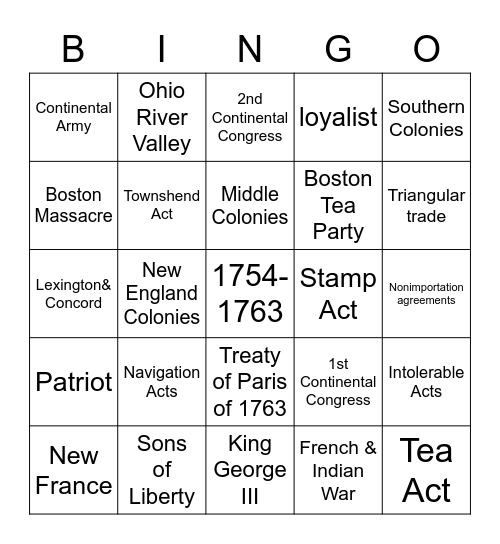Revolutionary War Bingo Card