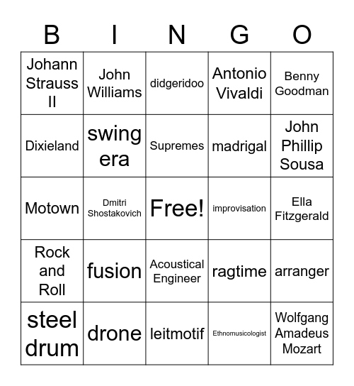 Music Exploration Bingo Card