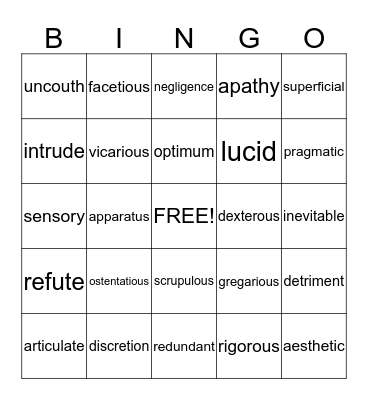language arts bingo Card