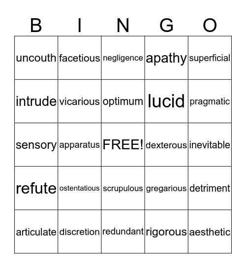 language arts bingo Card