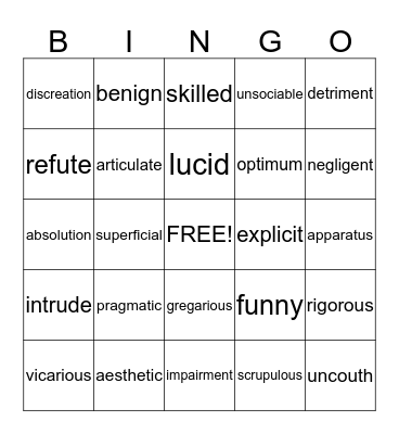 Language arts BINGO Card