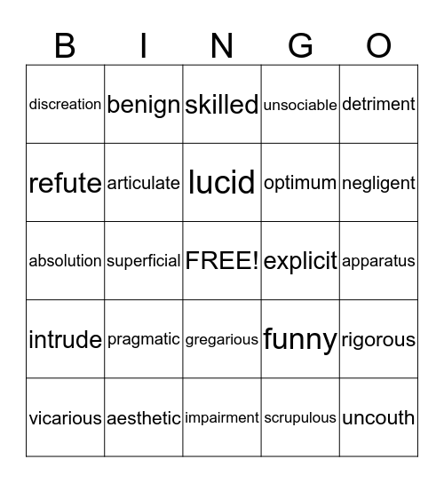 Language arts BINGO Card