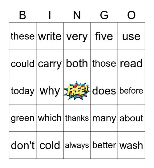 Sight Words Bingo Card