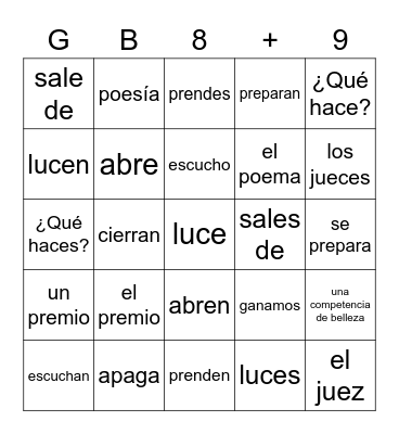 Gabi 8 and 9 Bingo Card