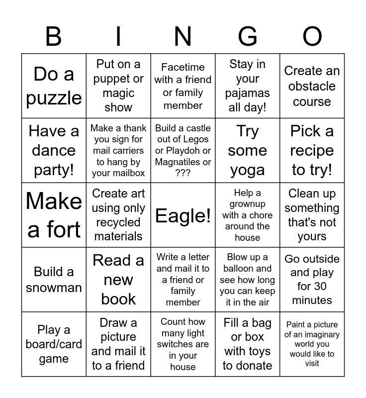 Winter Break Boredom Busters! Bingo Card