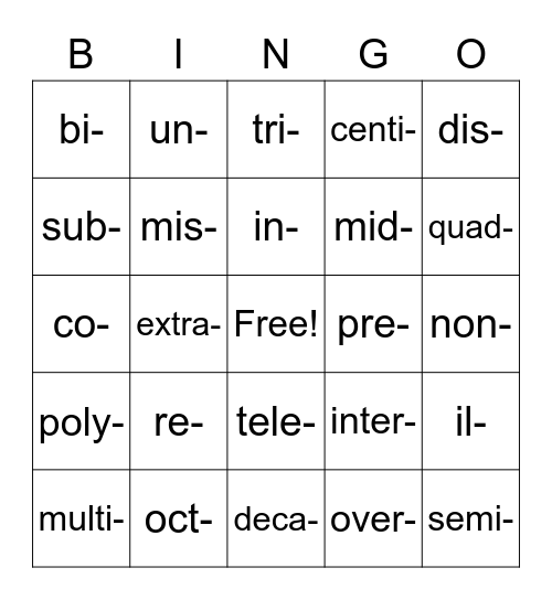 Prefix Bingo Card