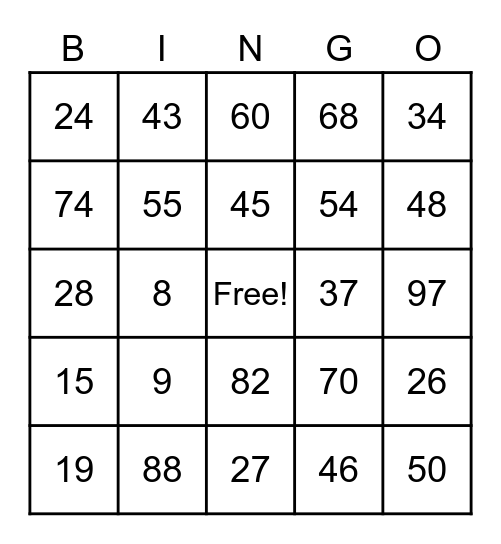 Number Bingo 1-99 Bingo Card