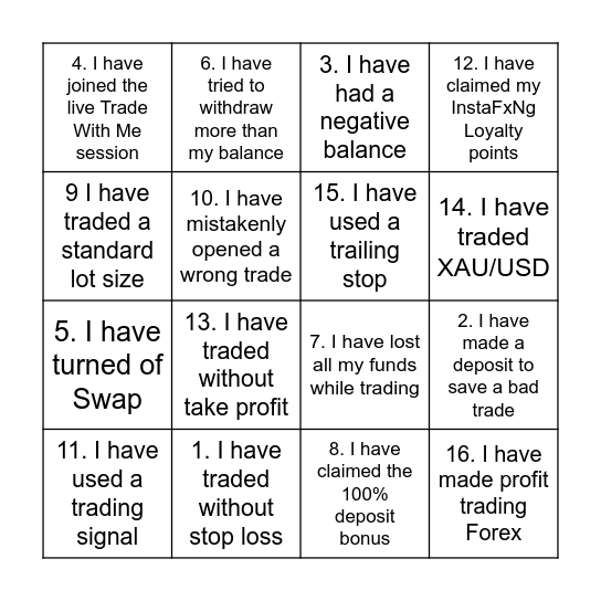 How Much of A Forex Trader Are You? Bingo Card