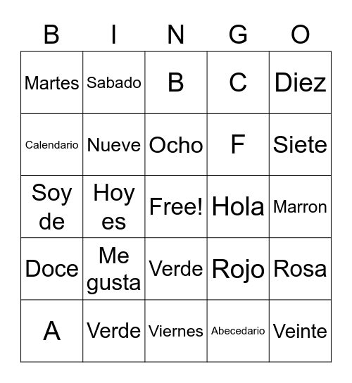 Espanol Bingo Card