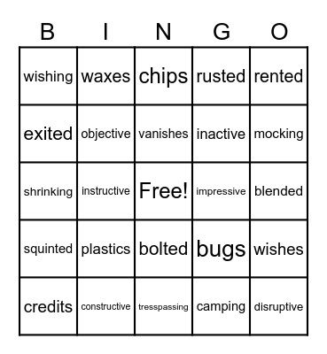 Suffix Bingo Card