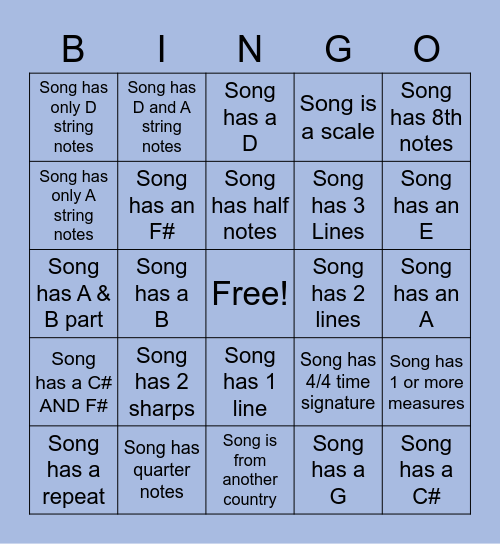 6th Grade Instrumental Bingo Card