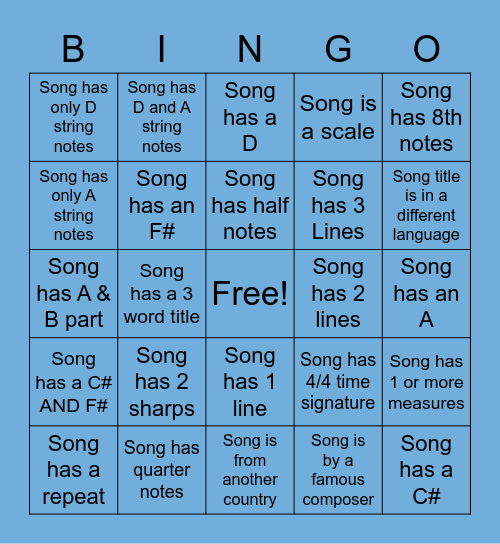 6th Grade Instrumental Bingo Card
