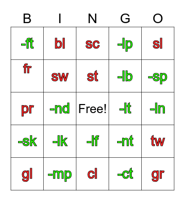 Beginning and Ending Blend Bingo Card
