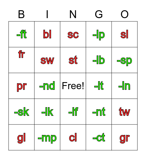Beginning and Ending Blend Bingo Card