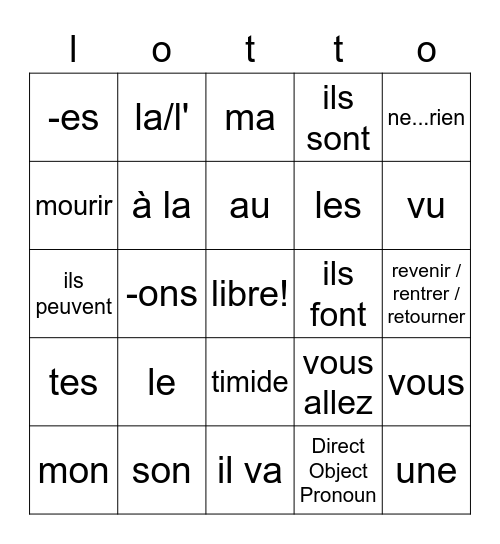 French 2 midterm review Bingo Card