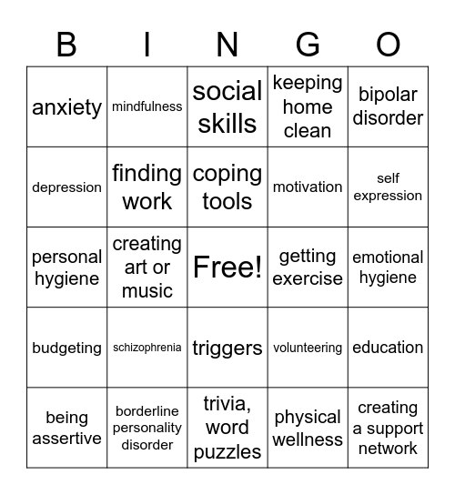 Mental Health Bingo Card