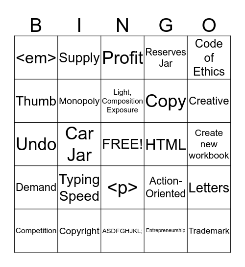 Computer Literacy Final Exam Bingo Card