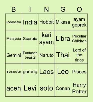Bingo with Soru! Bingo Card