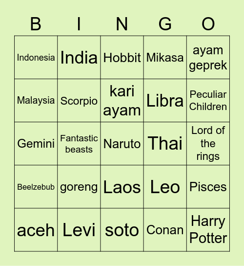 Bingo with Soru! Bingo Card