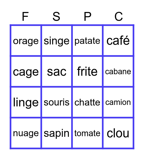 Bingo des mots - 1re année Bingo Card