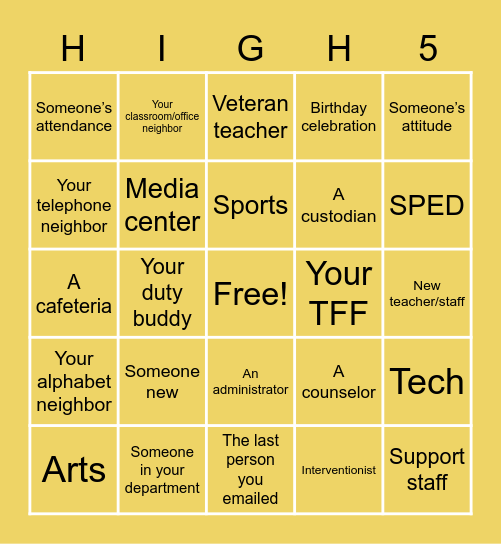 High Five Bingo! Bingo Card