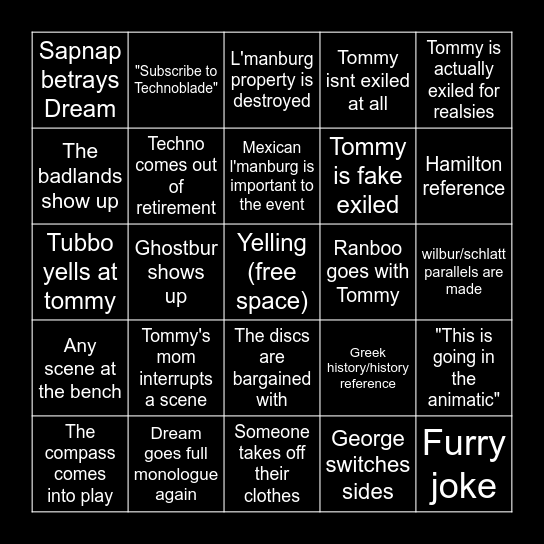 Predictions for 12/4  (Tommy's possibly exile) Bingo Card