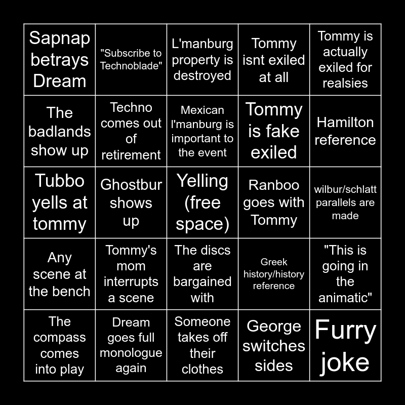 Technoblade stream Bingo Card