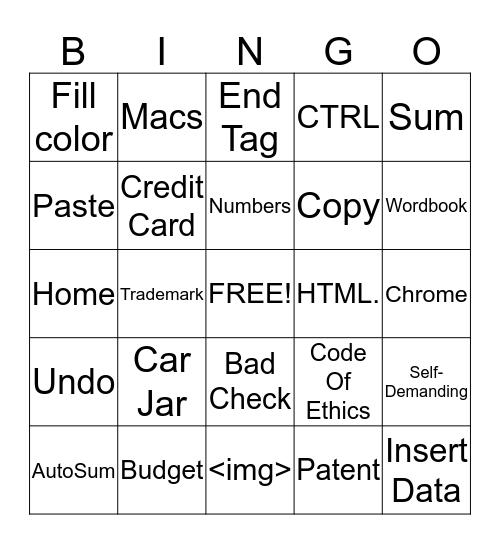 computer Literacy Final Exam Bingo Card