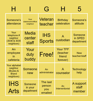 High Five Bingo! Bingo Card