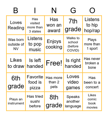 Middle School Bingo Card