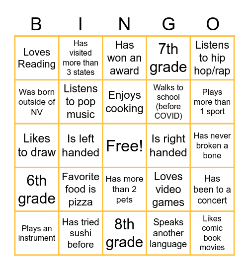 Middle School Bingo Card