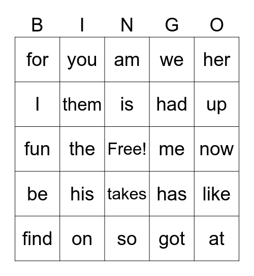 Kindergarten Sight Word Bingo 1 Bingo Card
