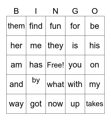 Kindergarten Sight Word Bingo 1 Bingo Card