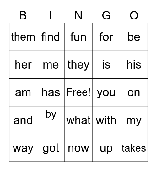 Kindergarten Sight Word Bingo 1 Bingo Card