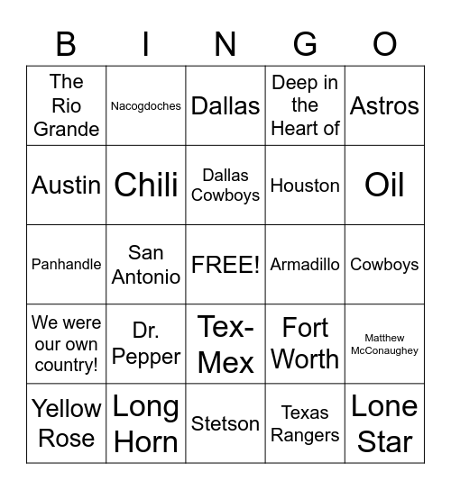 TEXAS Bingo Card