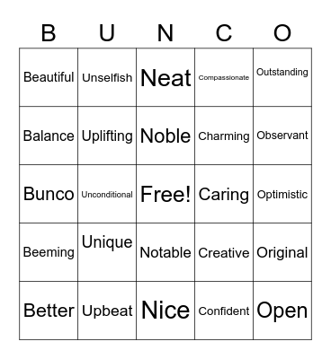 BUNCO Bingo Card