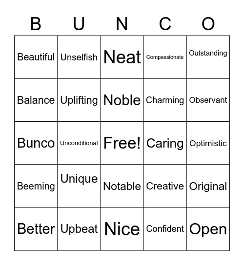 BUNCO Bingo Card