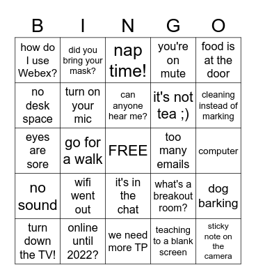 Pandemic Teaching Bingo Card