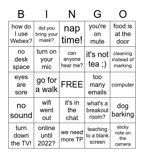 Pandemic Teaching Bingo Card