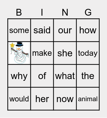 Sight Word Bingo Card