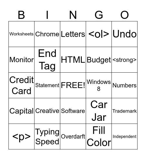 ComputerLiteracy Final Exam Bingo Card