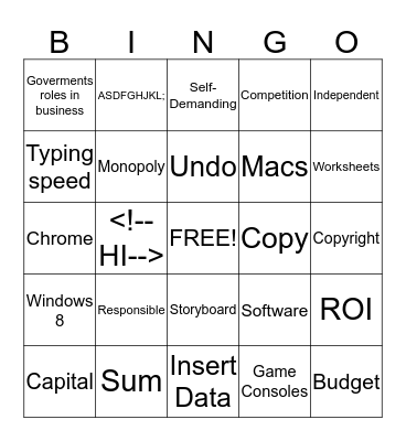 Computer Literacy Final Exam Bingo Card