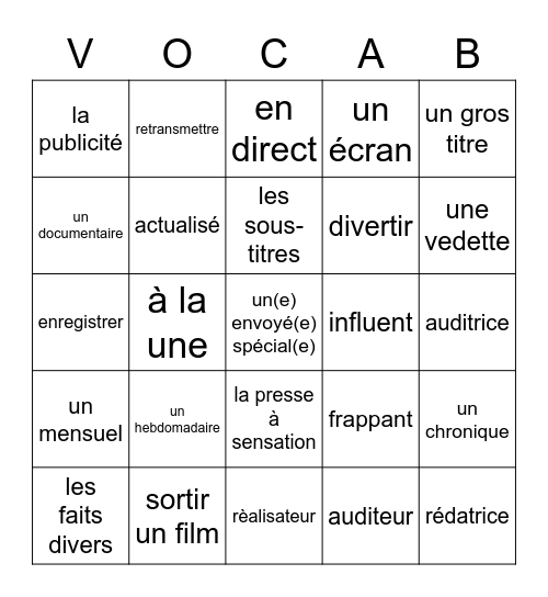 les médias  Vocabulaire Bingo Card