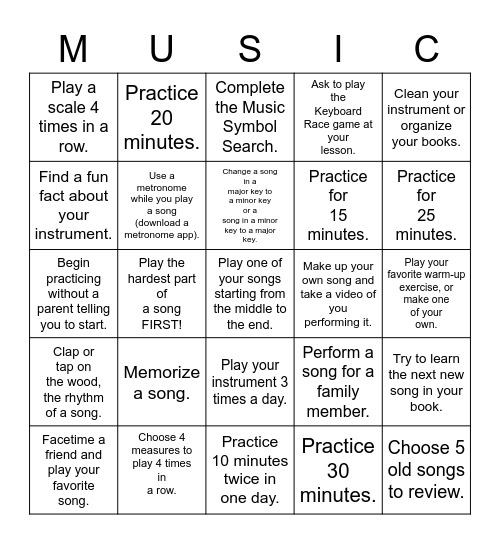 Great Contest 2020 Music Bingo Card
