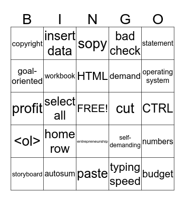 Computer Literacy Final Exam  Bingo Card