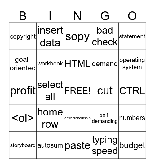 Computer Literacy Final Exam  Bingo Card