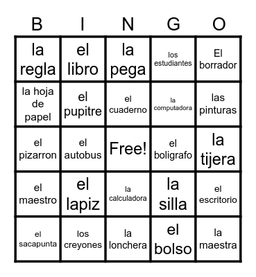 School Supplies Spanish Bingo Card