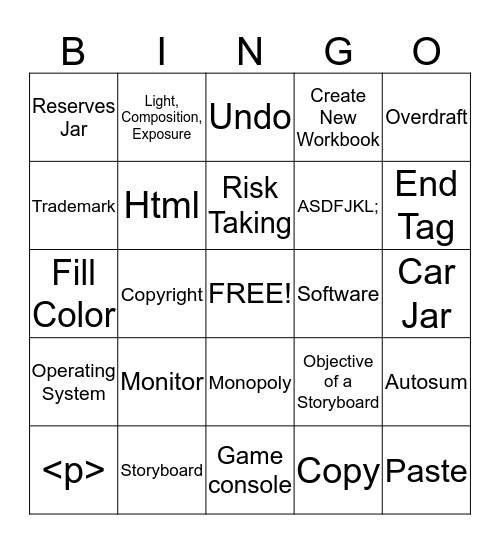 Computer Literacy Final Exam Bingo Card