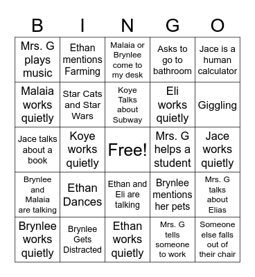 4th Grade Bingo Card