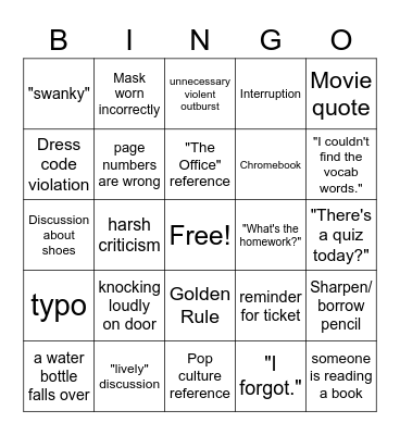 6th Period Bingo Card